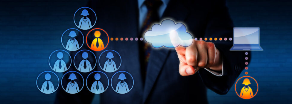 Manager plugging into his team a remotely working female freelancer to share a task with a permanent male employee. Technology concept for outsourcing, casual labor marketplace and mobile computing.