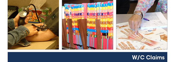 Three images in a row: blood pressure check, vertical stack of medical files, anatomy poster