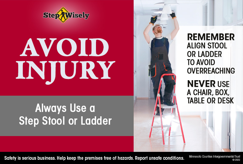 Image: Avoid Injury, Always Use Step Stool or Ladder. Maintenance worker stands on step stool to work on overhead light fixture.
