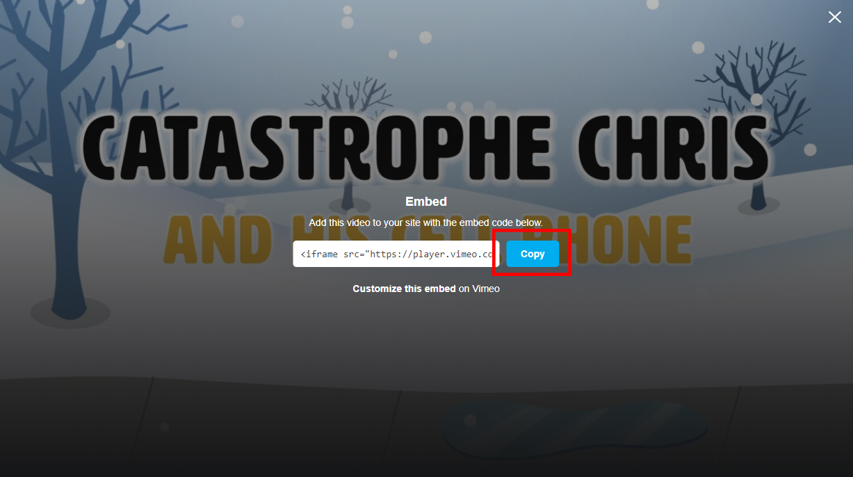Screen shot of where to copy embed code from an online video