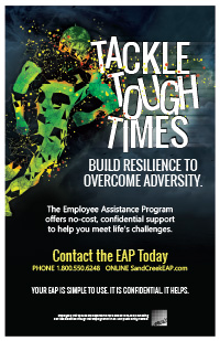 Tackle tough times EAP poster cover. Abstract green football player running into title.
