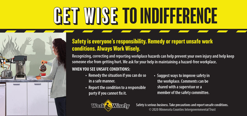 Get Wise to Indifference: Shows woman pouring coffee but ignoring electrical hazard of too many electrical appliances plugged in to outlets. Shadow shows fire starting.