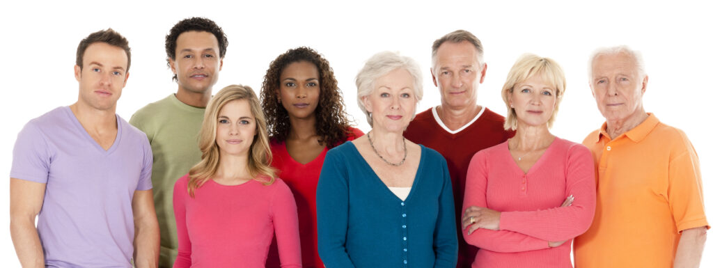 Shot of a diverse group of people in casual clothing. Horizontal shot. Isolated on white.