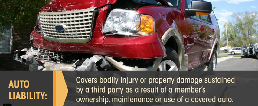 Smashed car on tow truck with text below: Auto Liability
