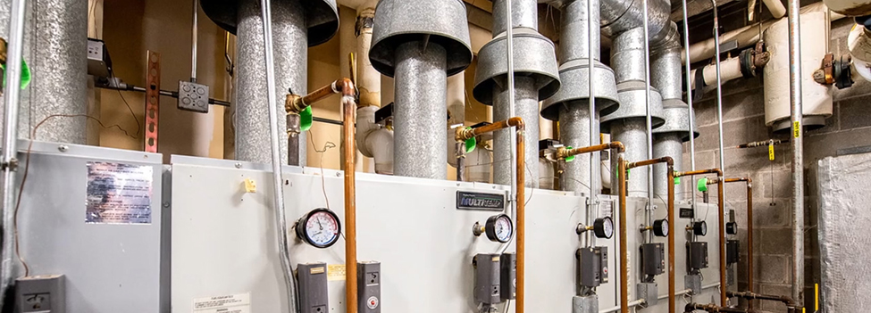Line of building mechanicals showing pressure readings