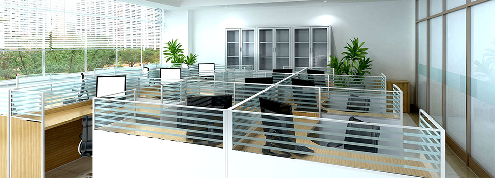 modern office interior scene, including cubicles, desk chairs and book shelves