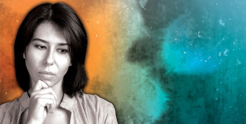 Black and white image of woman looking pensive against a mottled orange and aqua background