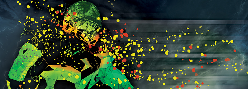 Illustration of football player against a dark gray background with drops of paint swirling around the player in yellow and red