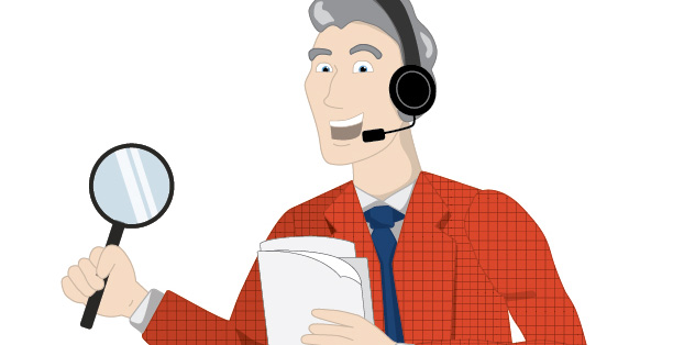 Illustration of reporter wearing headset mic and holding a magnifying glass