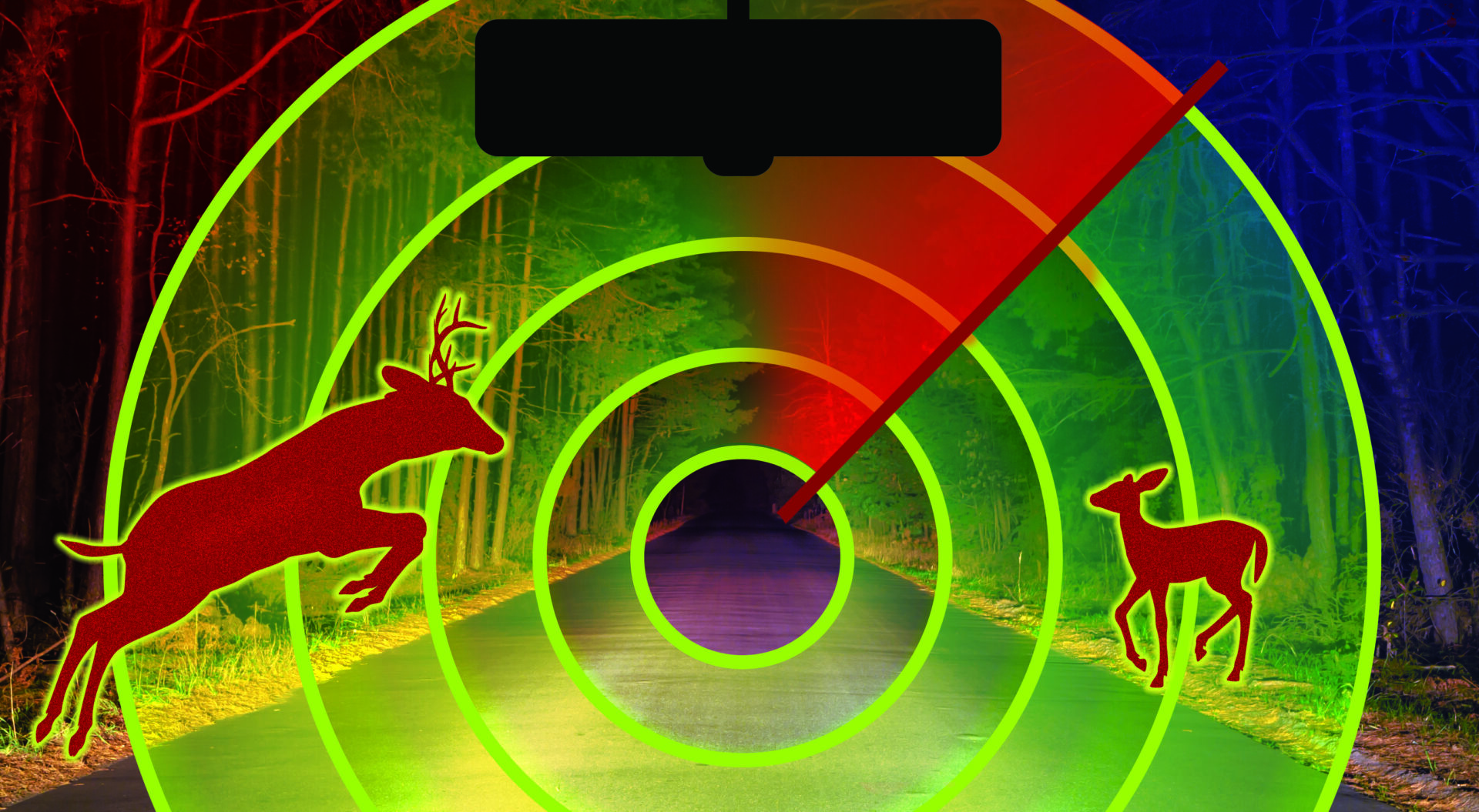 Against tree-lined roadway, see illustration of radar scan and silhouettes of deer and silhouette of rearview mirror