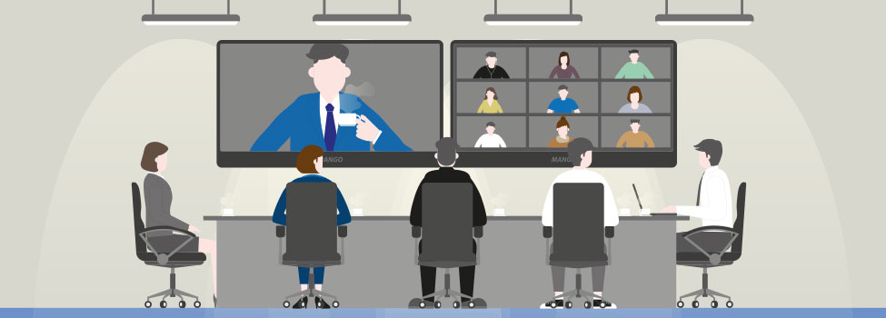 Illustration of 5 people meeting at a long table. One large TV shows a person meeting virtually. Another large TV shows 9 people attending meeting virtually.