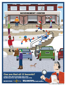 Step Wisely Be a Winter Safety All Star find the hazards game. Cartoon of parking lot with path to government center. Various people walking up to the government center doing goofy things.