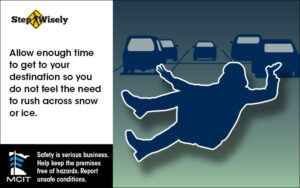 Step Wisely Email digital image. Allow Enough Time. Silhouette of woman slipping in parking lot.