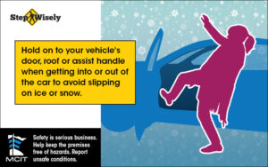 Step Wisely Email digital image. Hold on to Your Vehicle’s Door, Roof or Assist Handle. Silhouette of woman falling out of car.