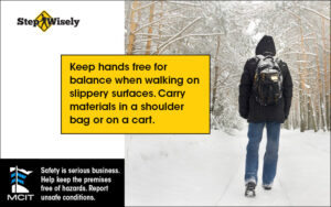 Step Wisely Email digital image. Keep Hands Free for Balance. Back view of person walking in snow with backpack and hands at side.