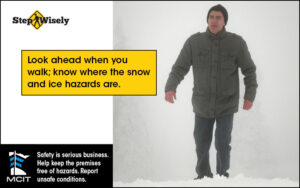 Step Wisely Email digital image. Look Ahead When You Walk. Man looking up as he walks in foggy winter weather.