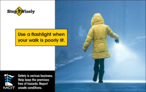 Step Wisely Email digital image. Use a Flashlight. Woman walking at dusk or dawn with flashlight,.