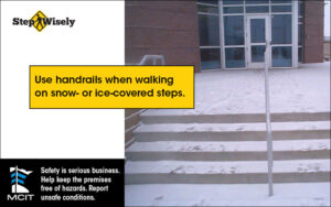Step Wisely Email digital image. Use Handrails When Walking on Snow. Business entrance with unshoveled stairs and walkway.