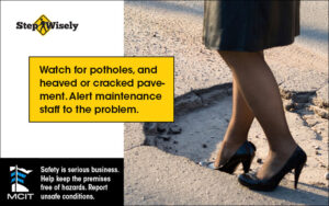 Step Wisely Email digital image. Watch for Potholes and Heaved Pavement. Woman in dress shoes stepping in pothole.